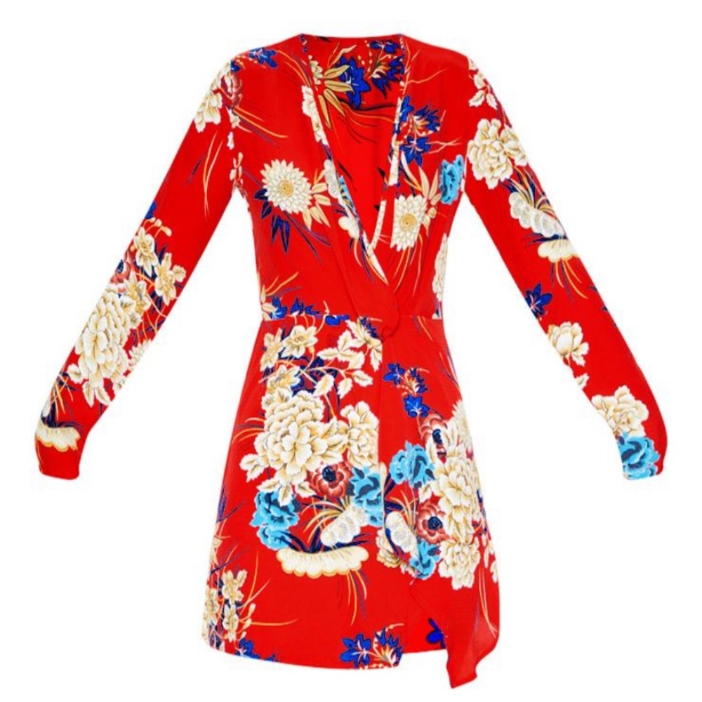 PLT - Red Floral Long Sleeve Wrap Dress